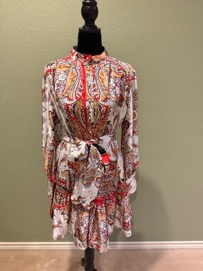 Fate Cream Paisley Tie-Waist Long Sleeve Dress with Red & Orange Accents